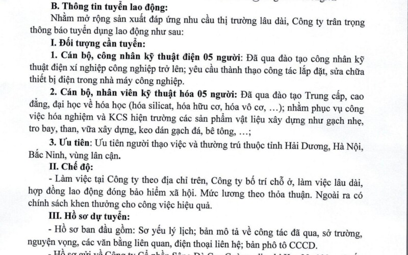 Tuyển dụng Lao động Tháng 7 năm 2024